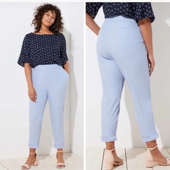 NWT Loft Blue Ruffle Hem Cropped Ankle Pants Size 6P Petite - Picture 2 of 12